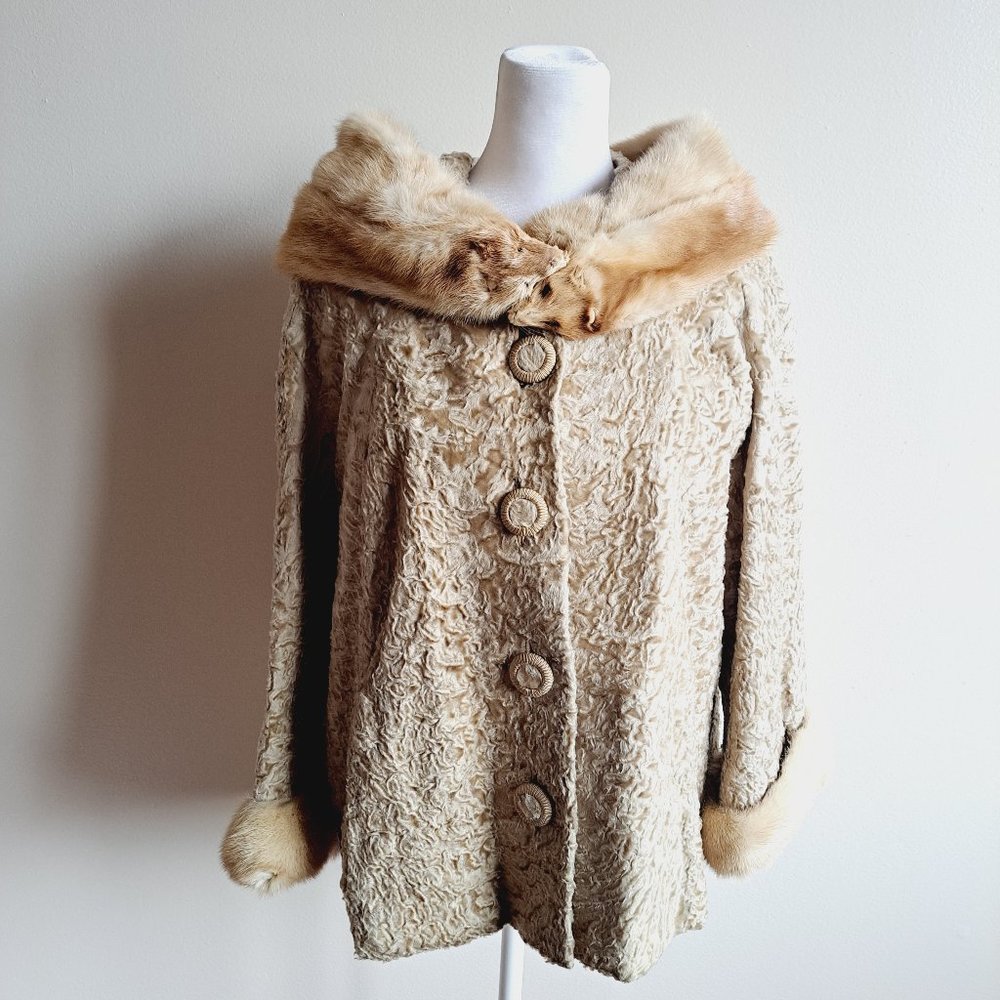 Fur Label Authority Vintage Beige Women's Lamb Coat with Mink Collar Medium